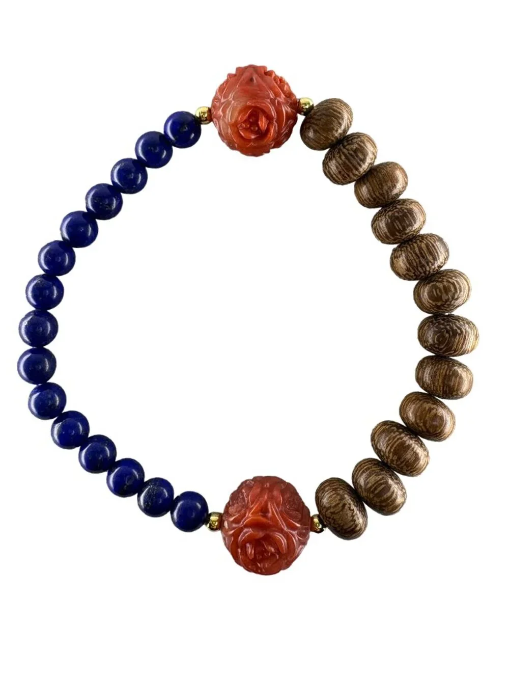 Hand-Carved Red Agate Rose Agarwood Lapis Lazuli Bracelet 18K Gold Filled 6.75